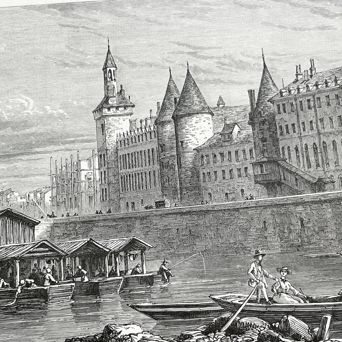Late 19th - Palais De La Cité Paris Engraving - Vintage French Historical Art Print - River Seine Life - Parisian Architecture View 
