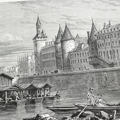 Late 19th - Palais De La Cité Paris Engraving - Vintage French Historical Art Print - River Seine Life - Parisian Architecture View 