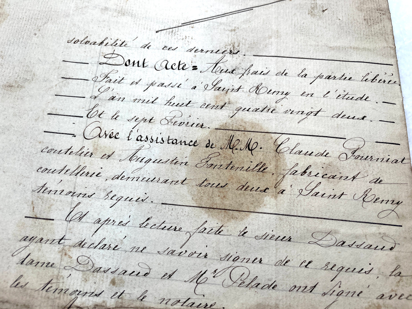 Late 19th Century French Notarial Act. Handwritten legal document from 1882 with official stamps, related to a marriage contr