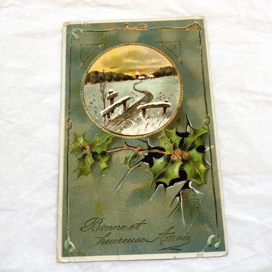 1900s - Antique French New Year Postcard - Embossed Winter Landscape - Gilded Holly Design - Vintage Holiday Collectible Art