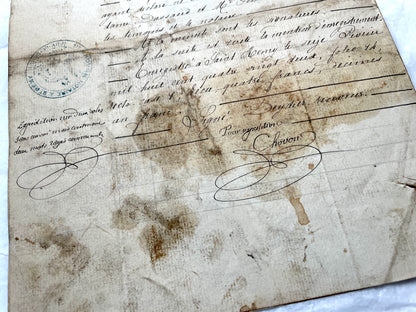 Late 19th Century French Notarial Act. Handwritten legal document from 1882 with official stamps, related to a marriage contr