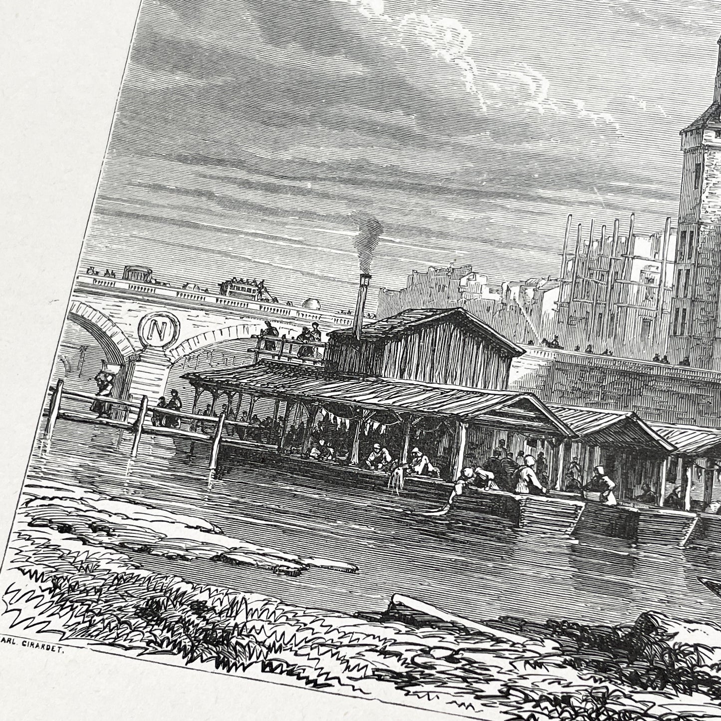 Late 19th - Palais De La Cité Paris Engraving - Vintage French Historical Art Print - River Seine Life - Parisian Architecture View 