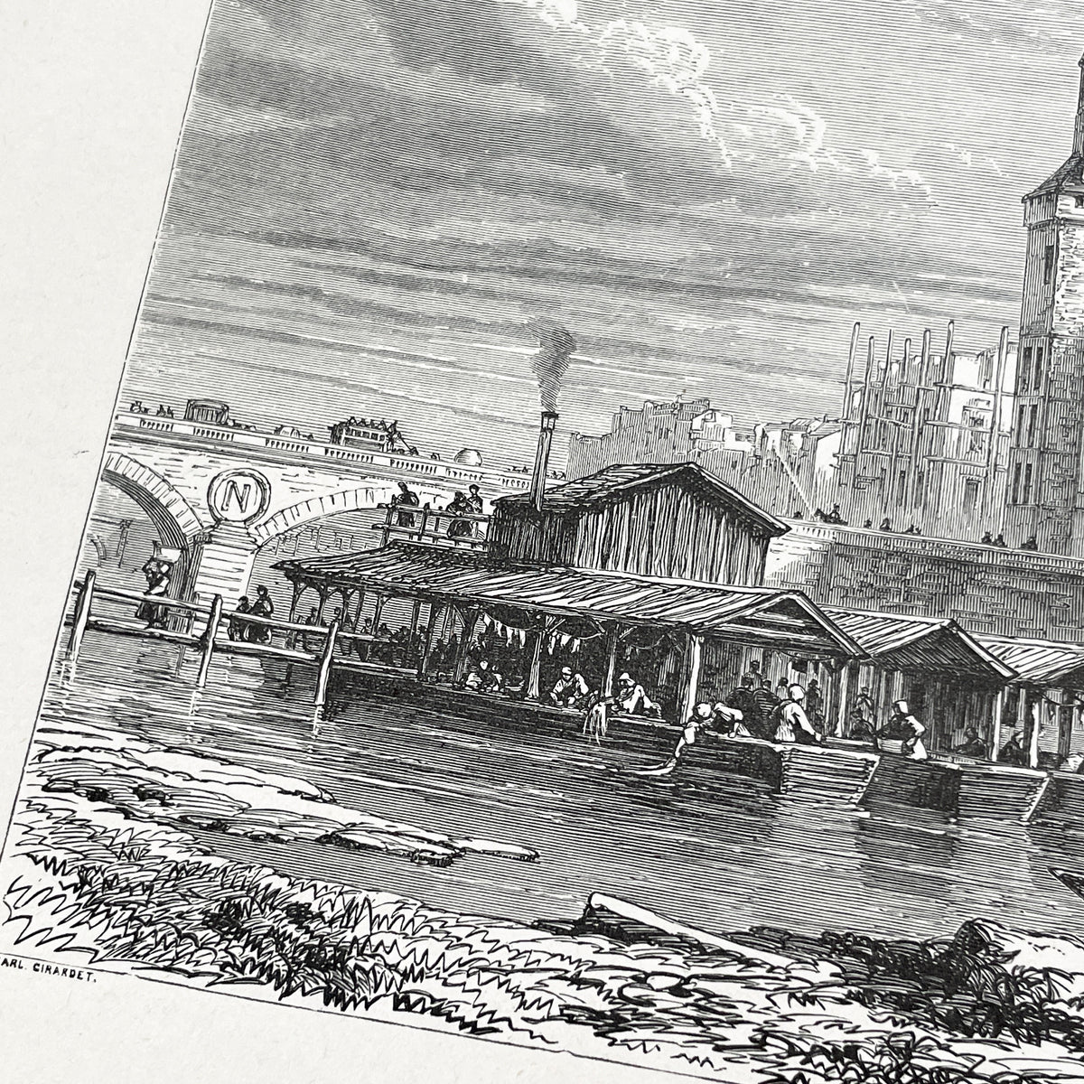Late 19th - Palais De La Cité Paris Engraving - Vintage French Historical Art Print - River Seine Life - Parisian Architecture View 