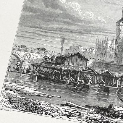 Late 19th - Palais De La Cité Paris Engraving - Vintage French Historical Art Print - River Seine Life - Parisian Architecture View 