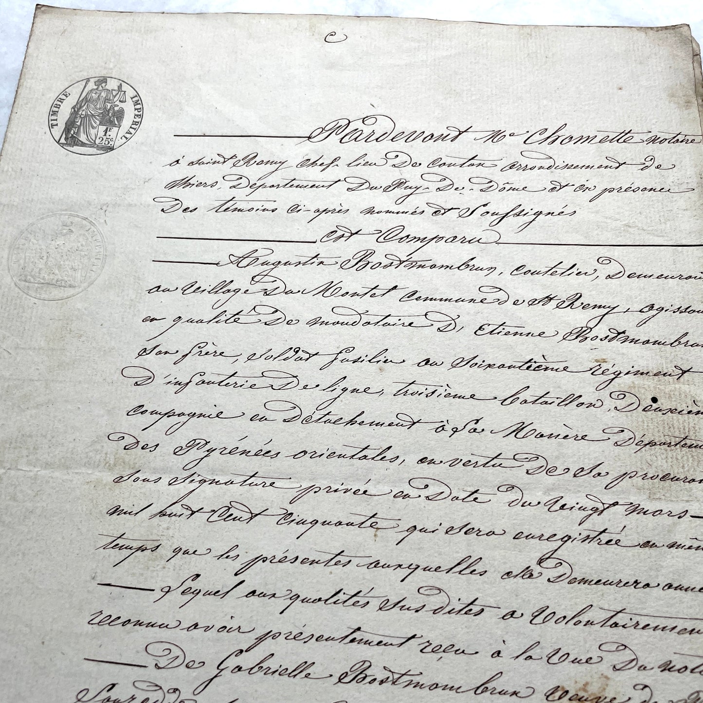 1850s French notarial act - handwritten legal document with imperial stamp and detailed script.