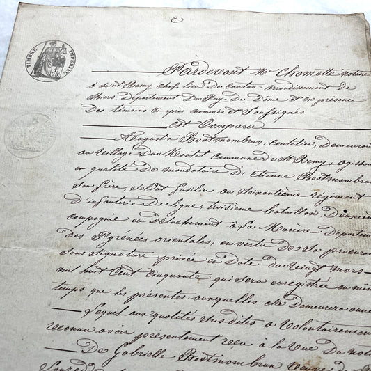 1850s French notarial act - handwritten legal document with imperial stamp and detailed script.