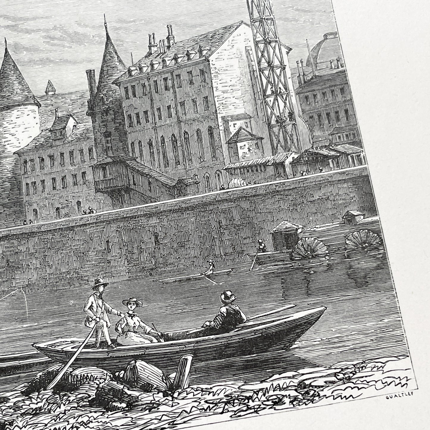 Late 19th - Palais De La Cité Paris Engraving - Vintage French Historical Art Print - River Seine Life - Parisian Architecture View 