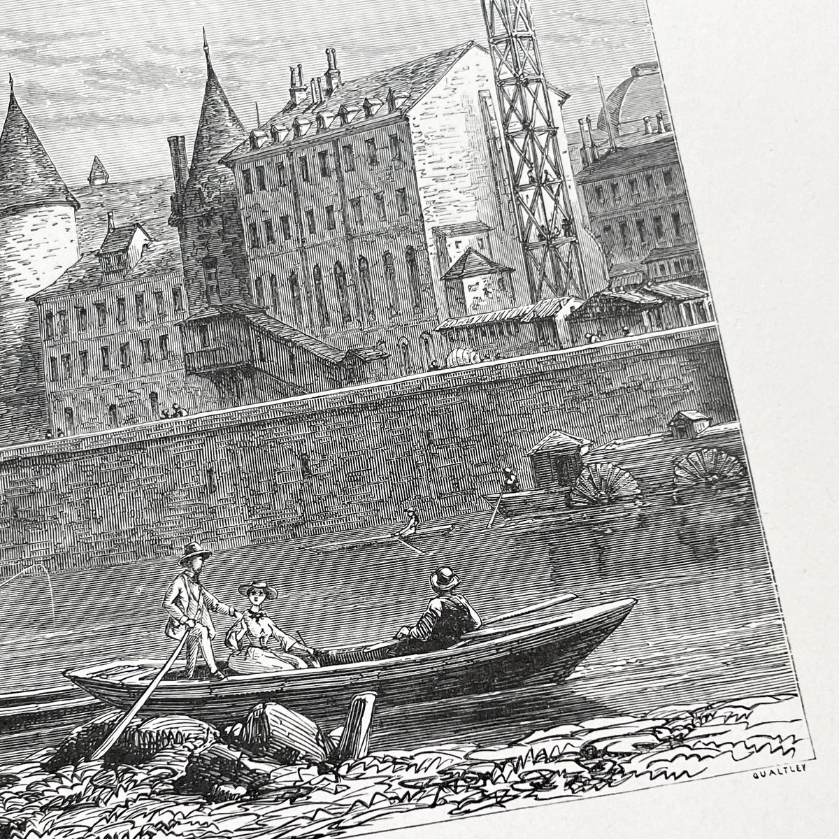 Late 19th - Palais De La Cité Paris Engraving - Vintage French Historical Art Print - River Seine Life - Parisian Architecture View 