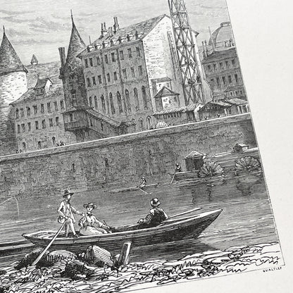 Late 19th - Palais De La Cité Paris Engraving - Vintage French Historical Art Print - River Seine Life - Parisian Architecture View 