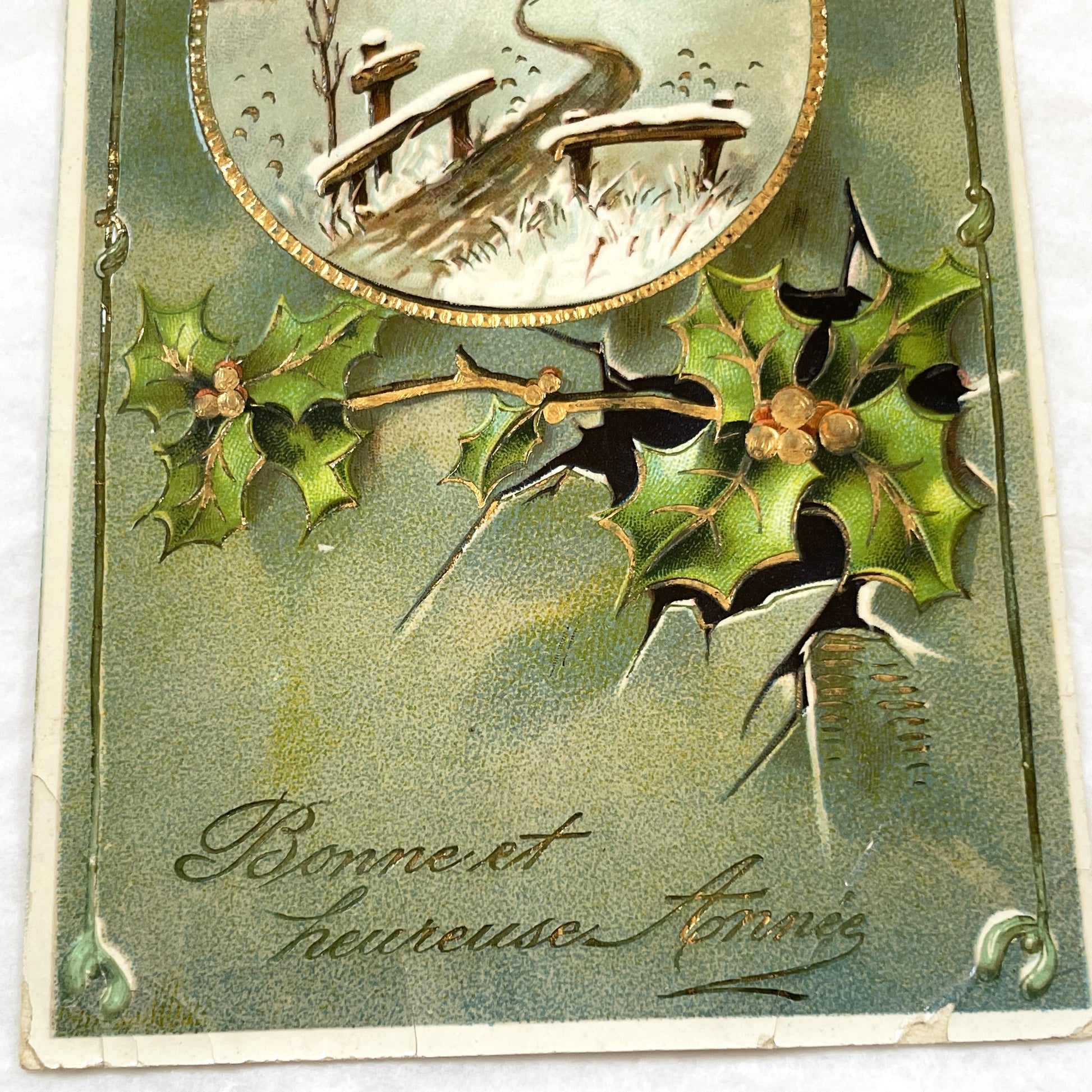 1900s - Antique French New Year Postcard - Embossed Winter Landscape - Gilded Holly Design - Vintage Holiday Collectible Art