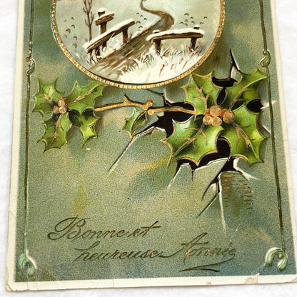 1900s - Antique French New Year Postcard - Embossed Winter Landscape - Gilded Holly Design - Vintage Holiday Collectible Art
