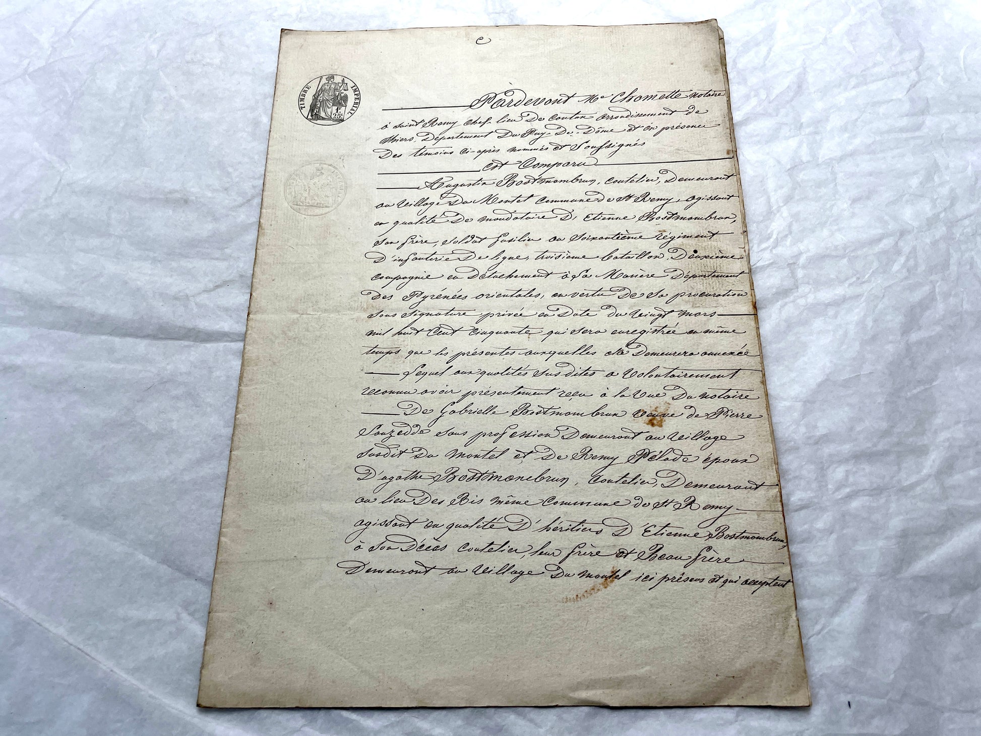 1850s French notarial act - handwritten legal document with imperial stamp and detailed script.