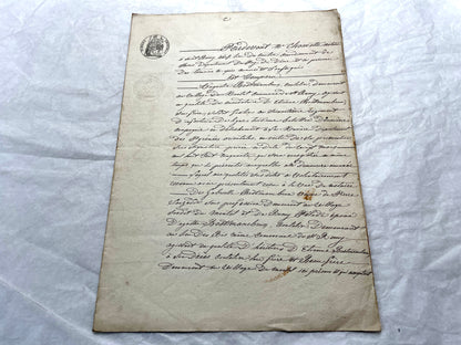 1850s French notarial act - handwritten legal document with imperial stamp and detailed script.