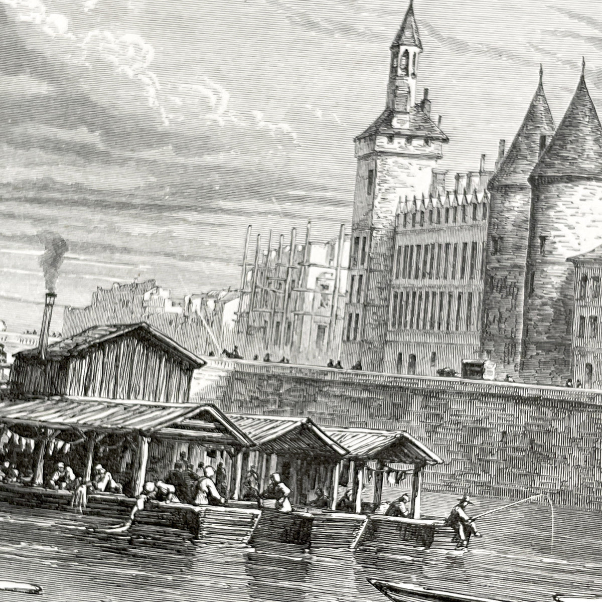 Late 19th - Palais De La Cité Paris Engraving - Vintage French Historical Art Print - River Seine Life - Parisian Architecture View 