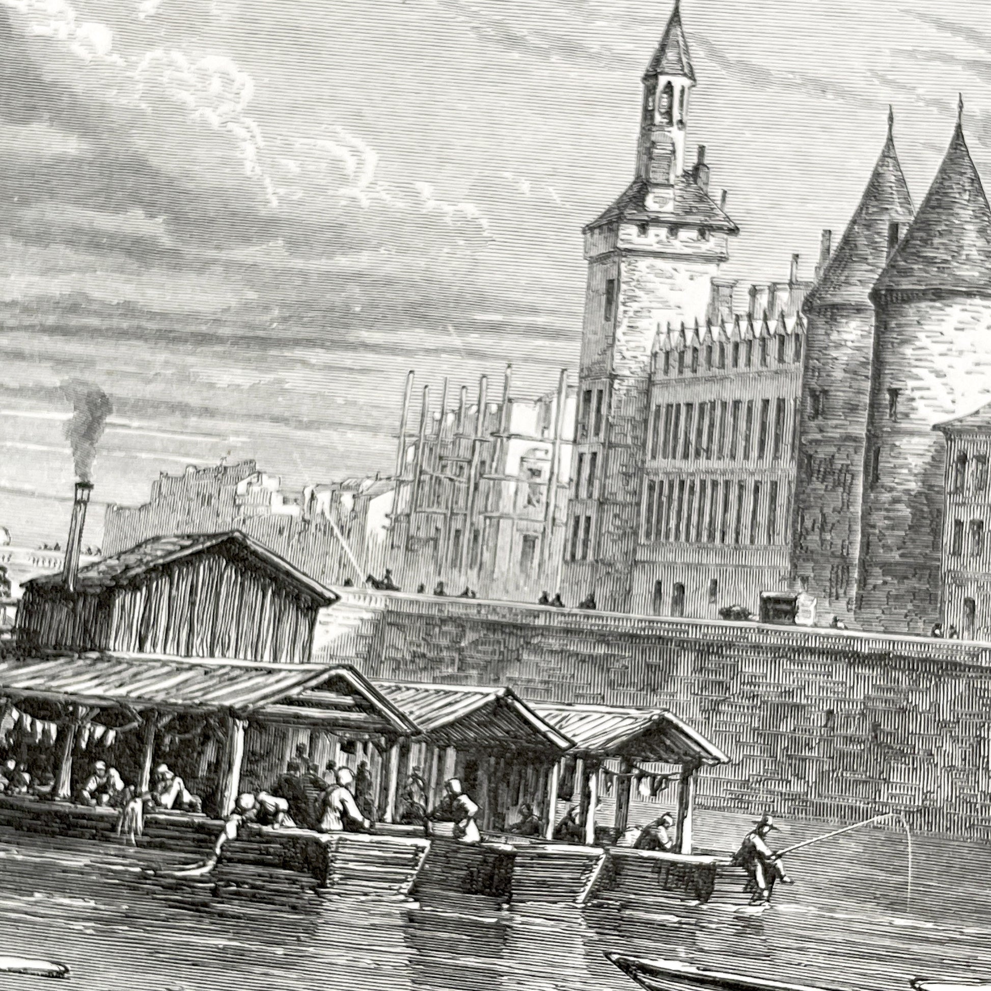 Late 19th - Palais De La Cité Paris Engraving - Vintage French Historical Art Print - River Seine Life - Parisian Architecture View 