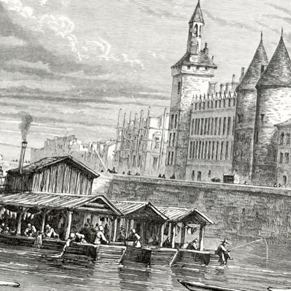 Late 19th - Palais De La Cité Paris Engraving - Vintage French Historical Art Print - River Seine Life - Parisian Architecture View 