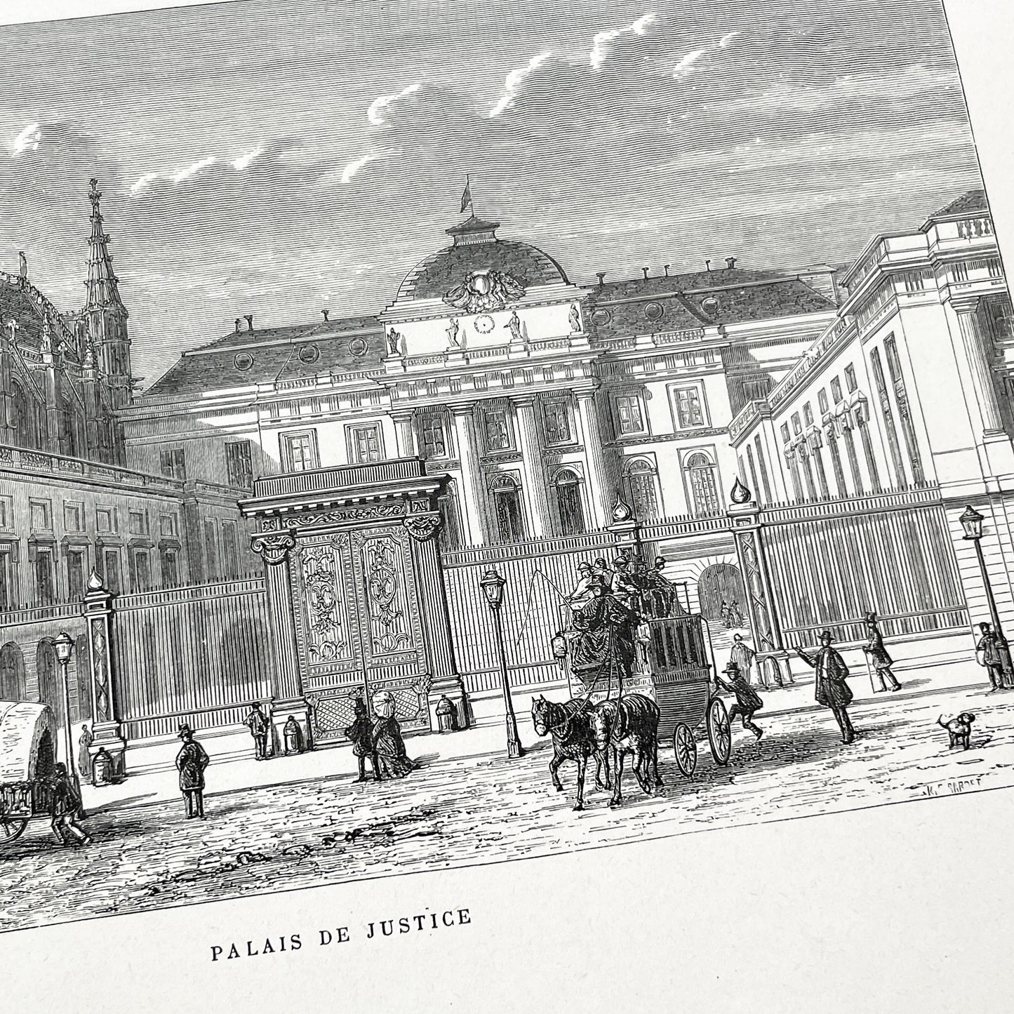 Late 19th - Historic Palais de Justice Engraving - Vintage Parisian Courthouse Architecture Print - French Cityscape Art Illustration