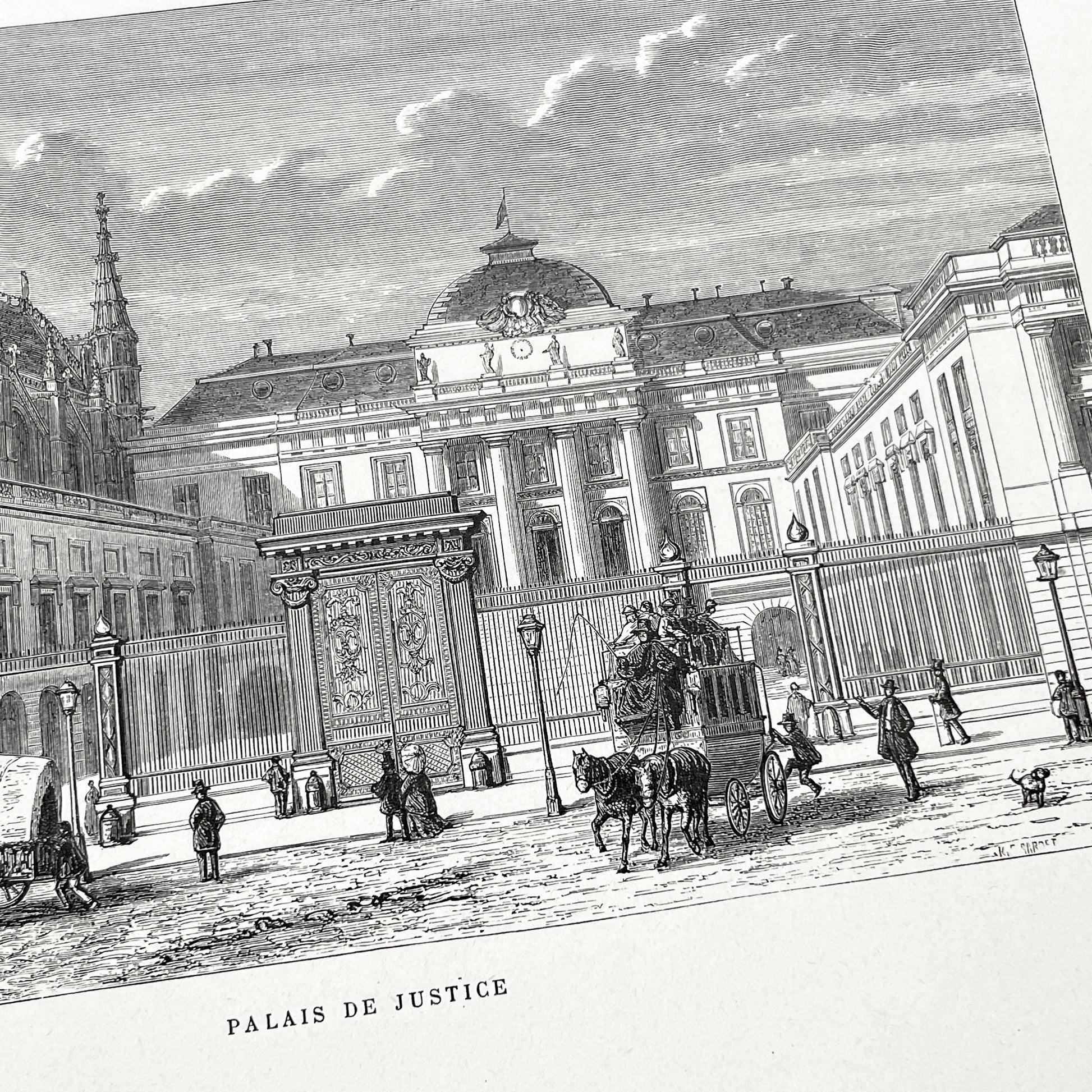 Late 19th - Historic Palais de Justice Engraving - Vintage Parisian Courthouse Architecture Print - French Cityscape Art Illustration