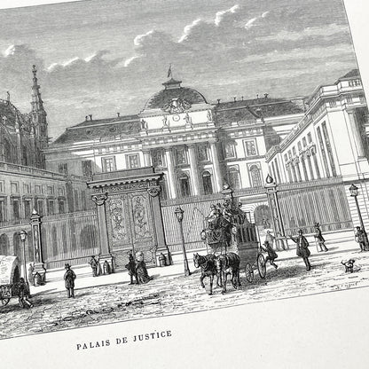 Late 19th - Historic Palais de Justice Engraving - Vintage Parisian Courthouse Architecture Print - French Cityscape Art Illustration