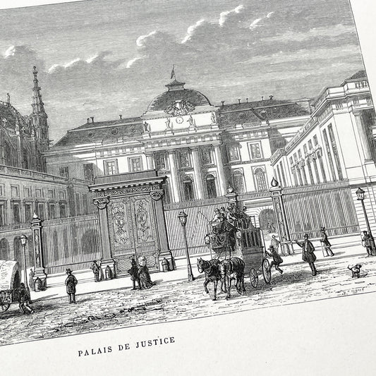 Late 19th - Historic Palais de Justice Engraving - Vintage Parisian Courthouse Architecture Print - French Cityscape Art Illustration