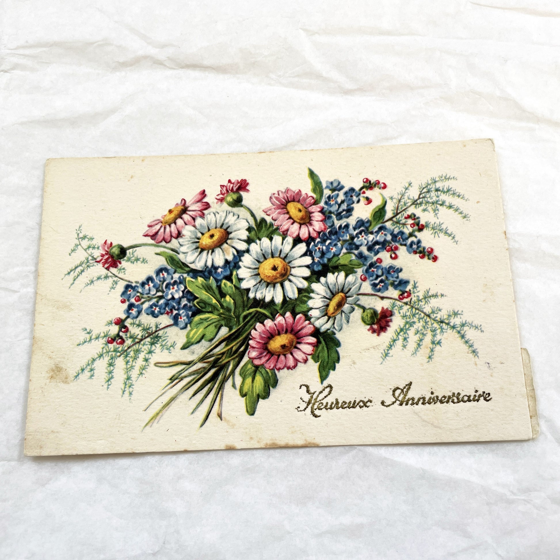 1900s - Vintage French Floral Postcard - Heureux Anniversaire - Glitter Daisy Forget-Me-Not Bouquet - Antique Greeting Card Collectible