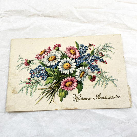 1900s - Vintage French Floral Postcard - Heureux Anniversaire - Glitter Daisy Forget-Me-Not Bouquet - Antique Greeting Card Collectible