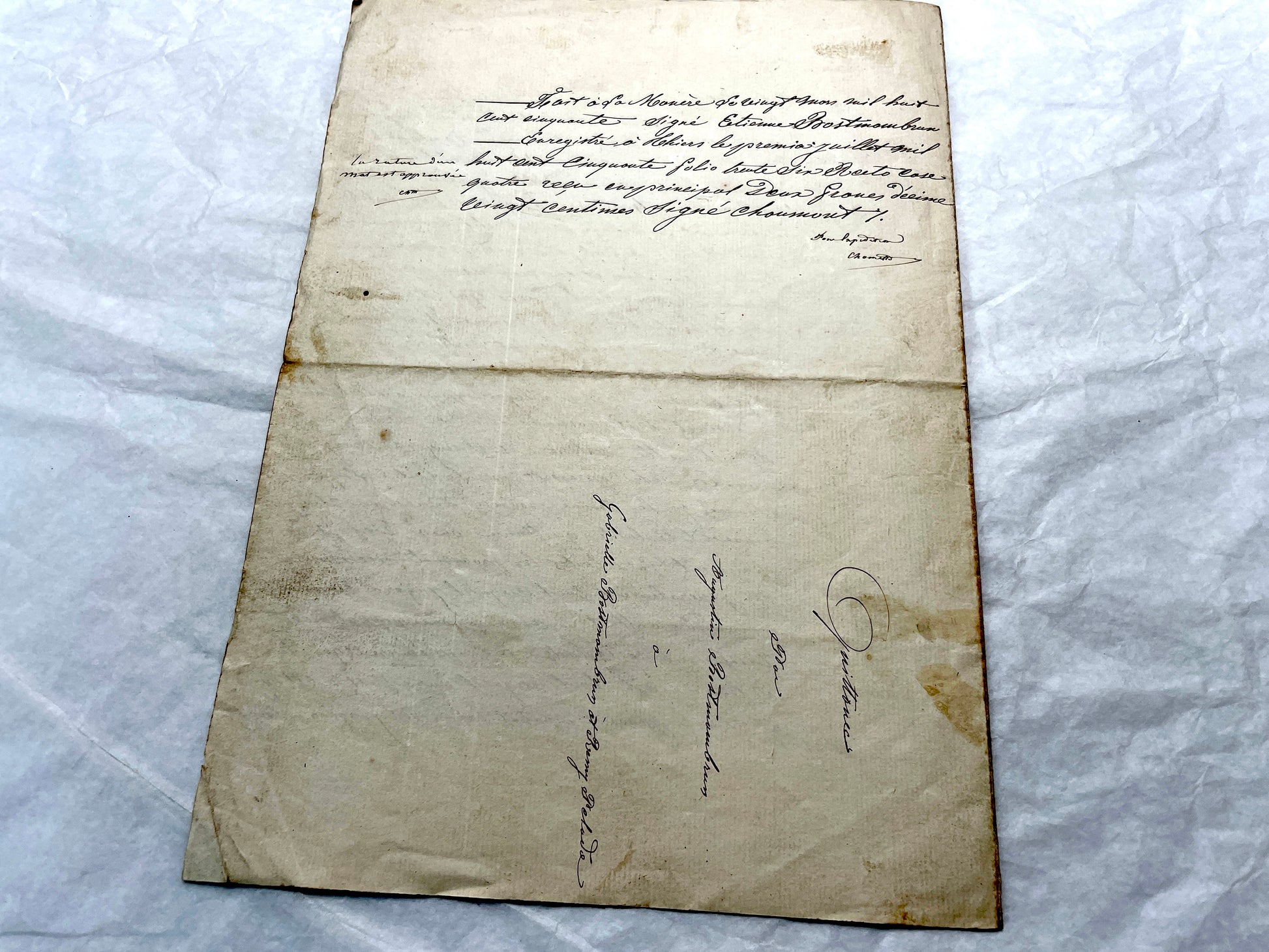 1850s French notarial act - handwritten legal document with imperial stamp and detailed script.