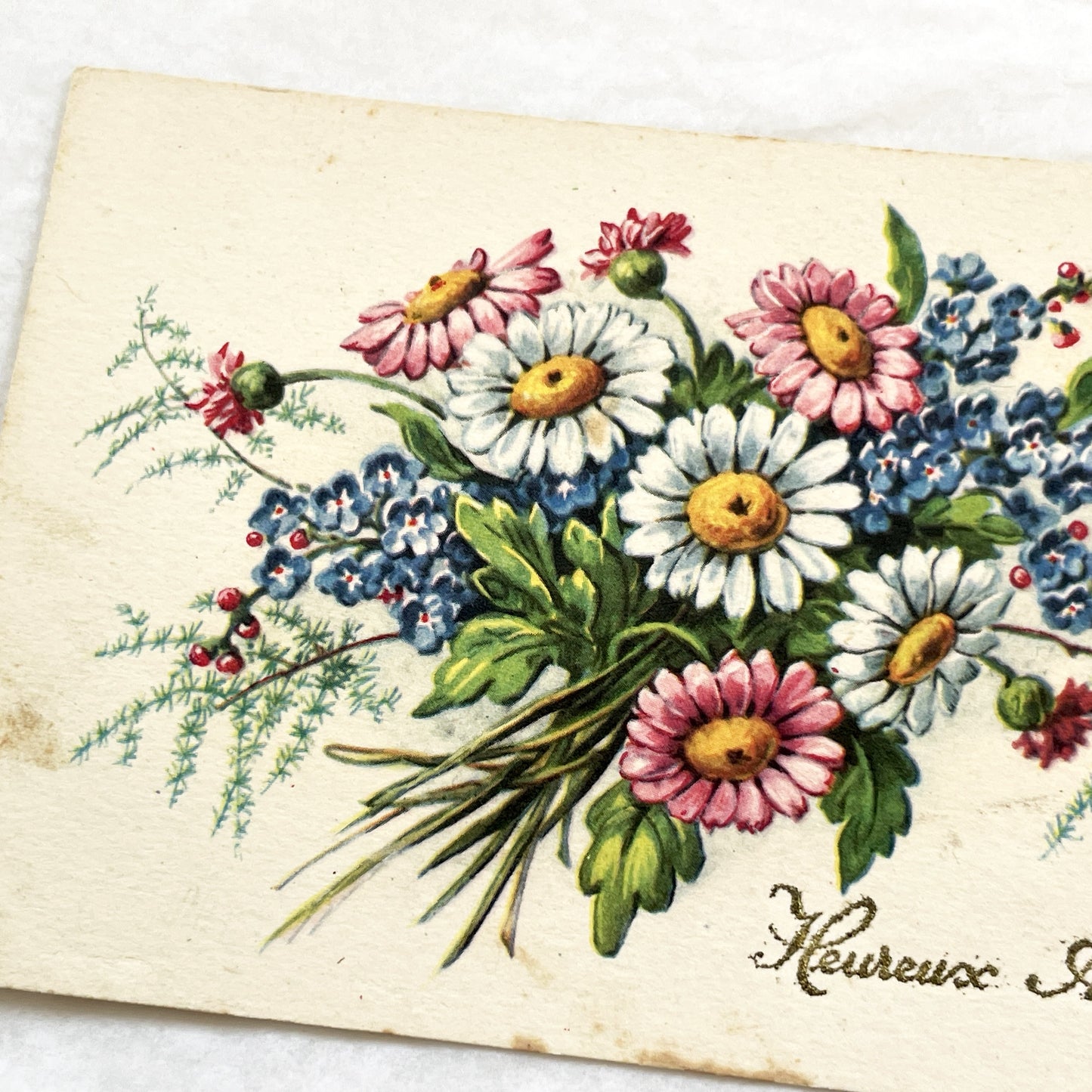1900s - Vintage French Floral Postcard - Heureux Anniversaire - Glitter Daisy Forget-Me-Not Bouquet - Antique Greeting Card Collectible