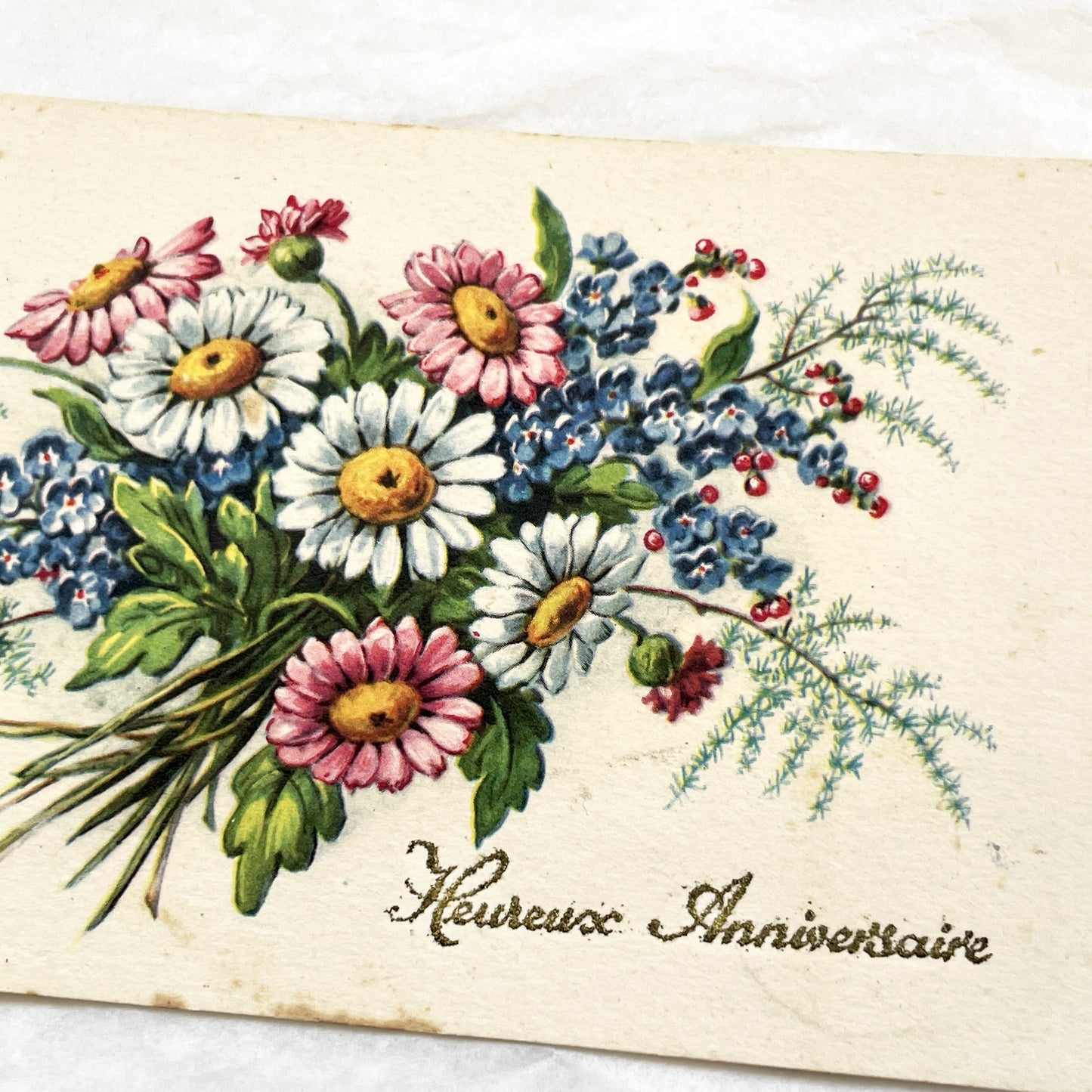 1900s - Vintage French Floral Postcard - Heureux Anniversaire - Glitter Daisy Forget-Me-Not Bouquet - Antique Greeting Card Collectible