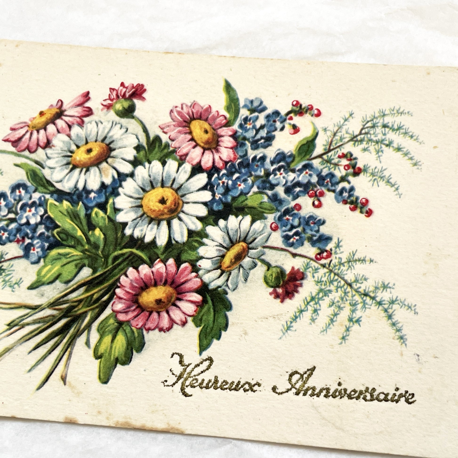 1900s - Vintage French Floral Postcard - Heureux Anniversaire - Glitter Daisy Forget-Me-Not Bouquet - Antique Greeting Card Collectible