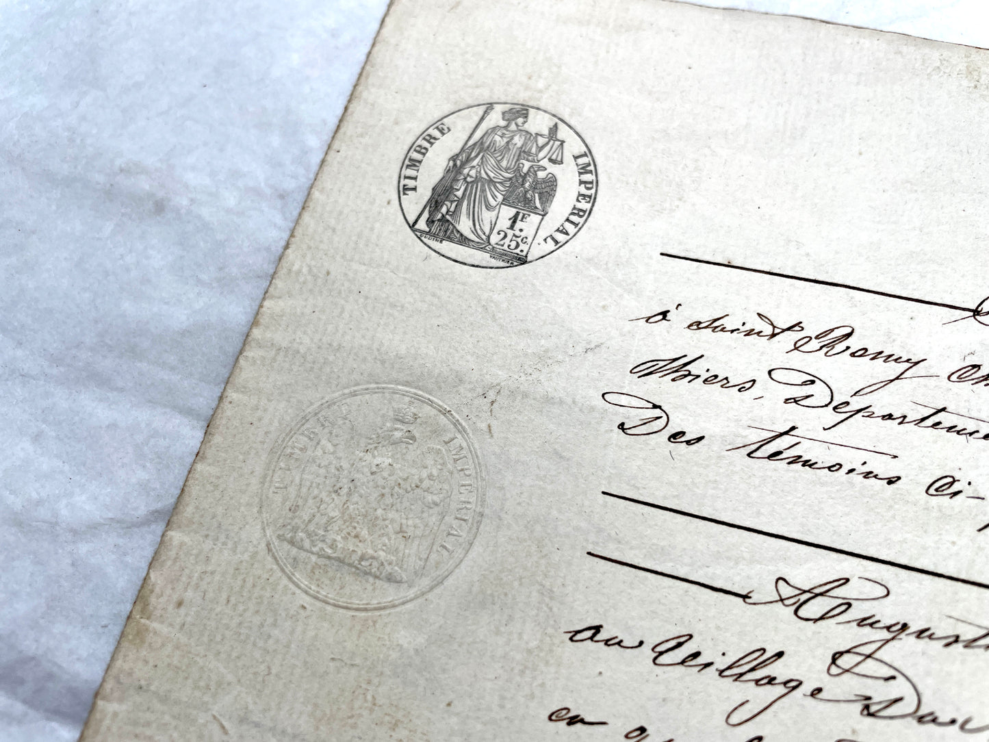 1850s French notarial act - handwritten legal document with imperial stamp and detailed script.