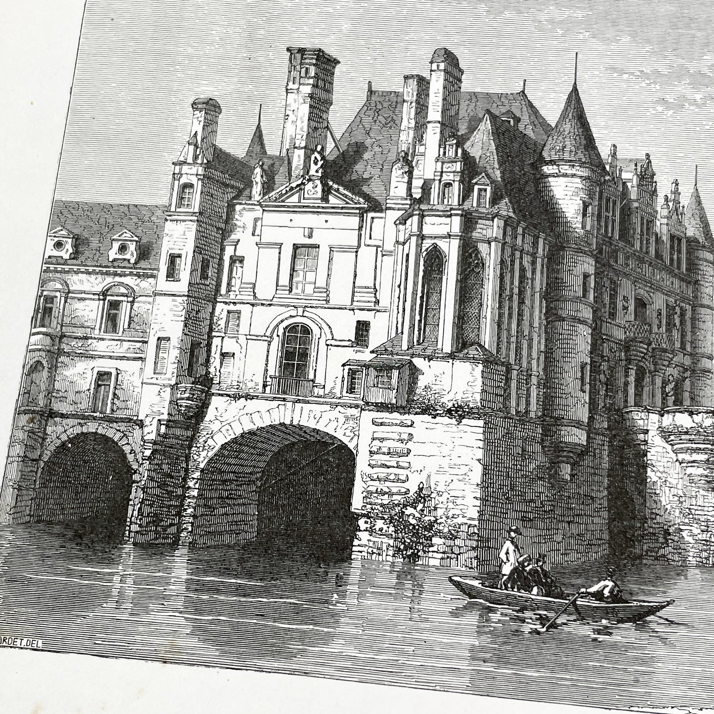 Late 19th - Detailed Vintage Engraving of Château de Chenonceau - French Renaissance Castle Architecture - Serene River Landscape Art Print