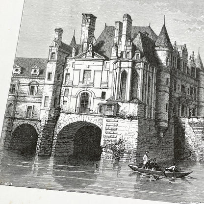 Late 19th - Detailed Vintage Engraving of Château de Chenonceau - French Renaissance Castle Architecture - Serene River Landscape Art Print