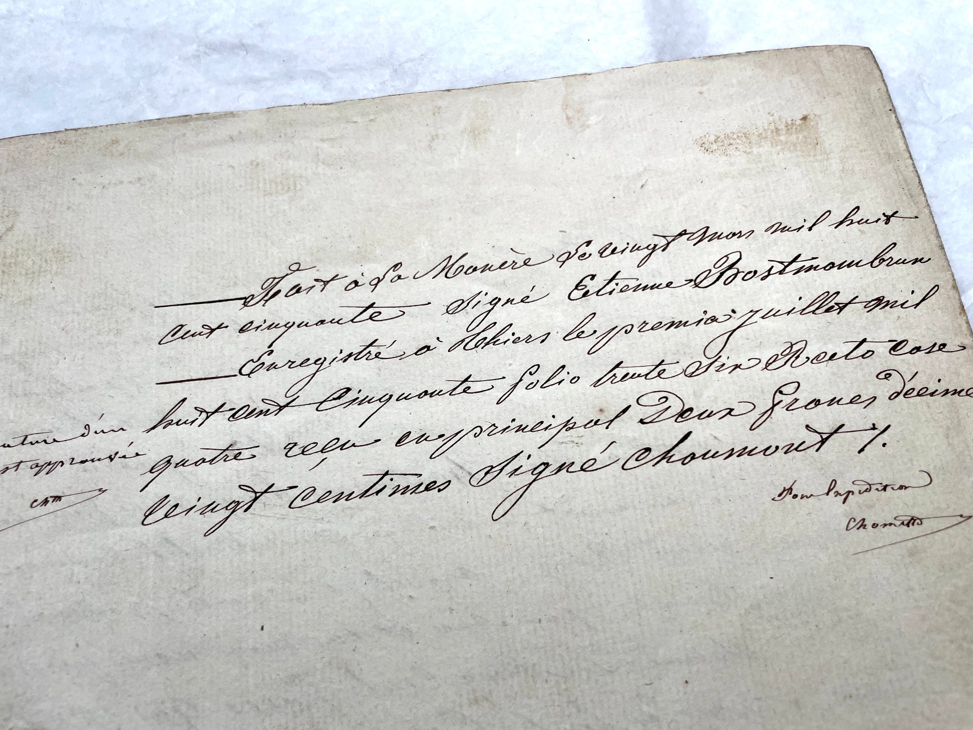 1850s French notarial act - handwritten legal document with imperial stamp and detailed script.