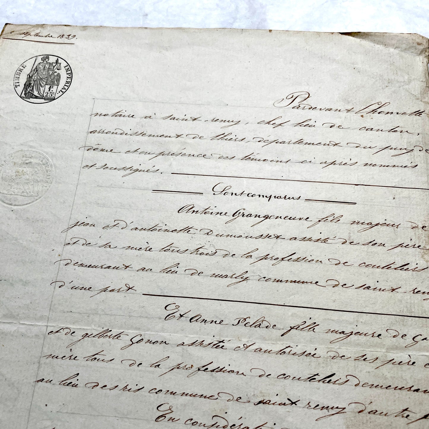 Early 19th Century French notarial act from 1839, featuring handwritten text and an Imperial tax stamp seal.