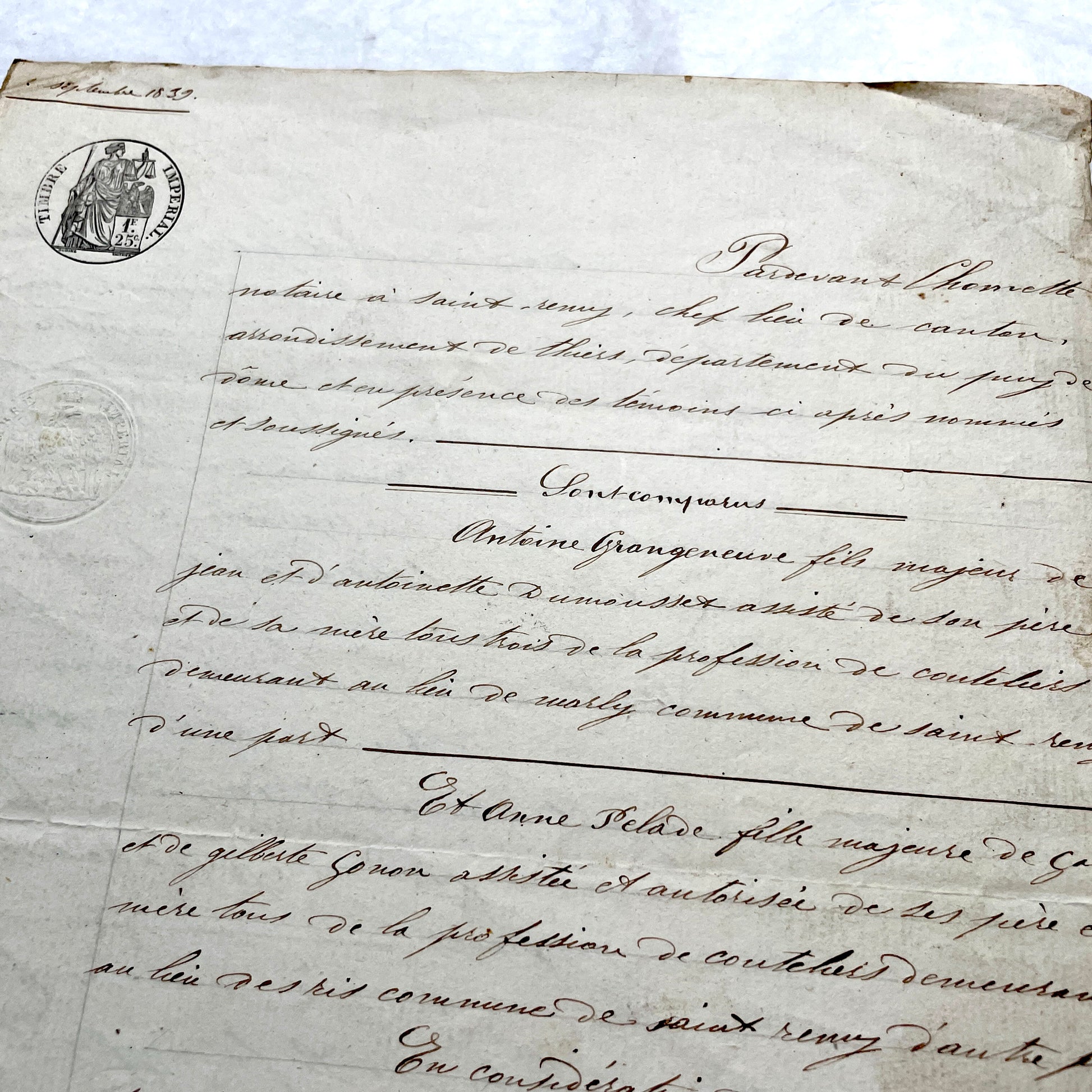 Early 19th Century French notarial act from 1839, featuring handwritten text and an Imperial tax stamp seal.