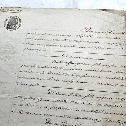 Early 19th Century French notarial act from 1839, featuring handwritten text and an Imperial tax stamp seal.