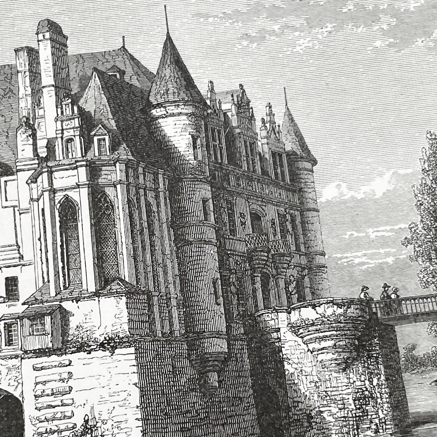 Late 19th - Detailed Vintage Engraving of Château de Chenonceau - French Renaissance Castle Architecture - Serene River Landscape Art Print