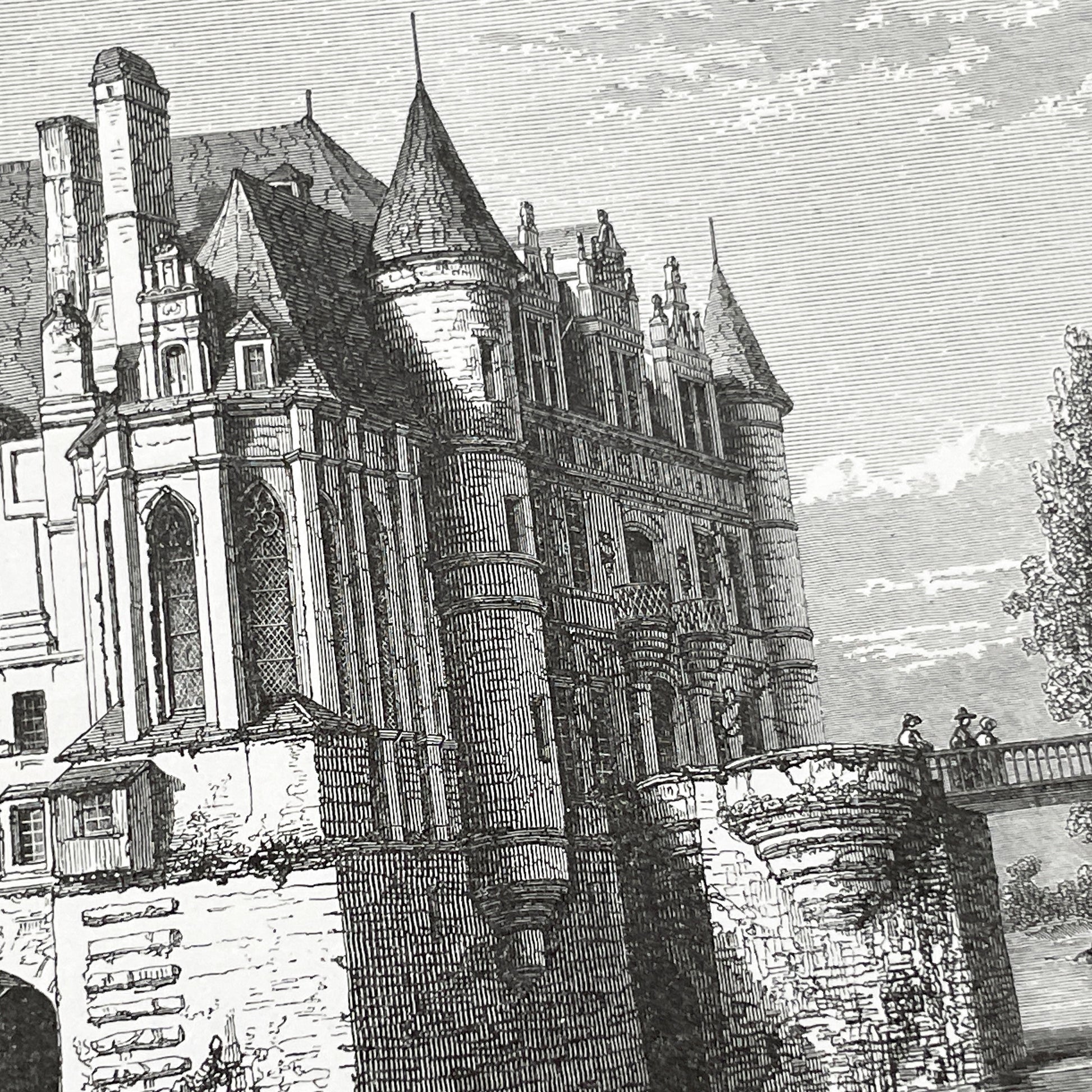 Late 19th - Detailed Vintage Engraving of Château de Chenonceau - French Renaissance Castle Architecture - Serene River Landscape Art Print