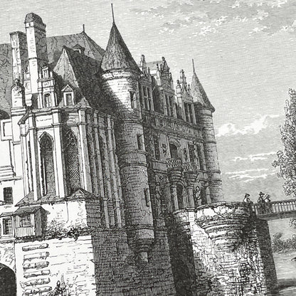 Late 19th - Detailed Vintage Engraving of Château de Chenonceau - French Renaissance Castle Architecture - Serene River Landscape Art Print