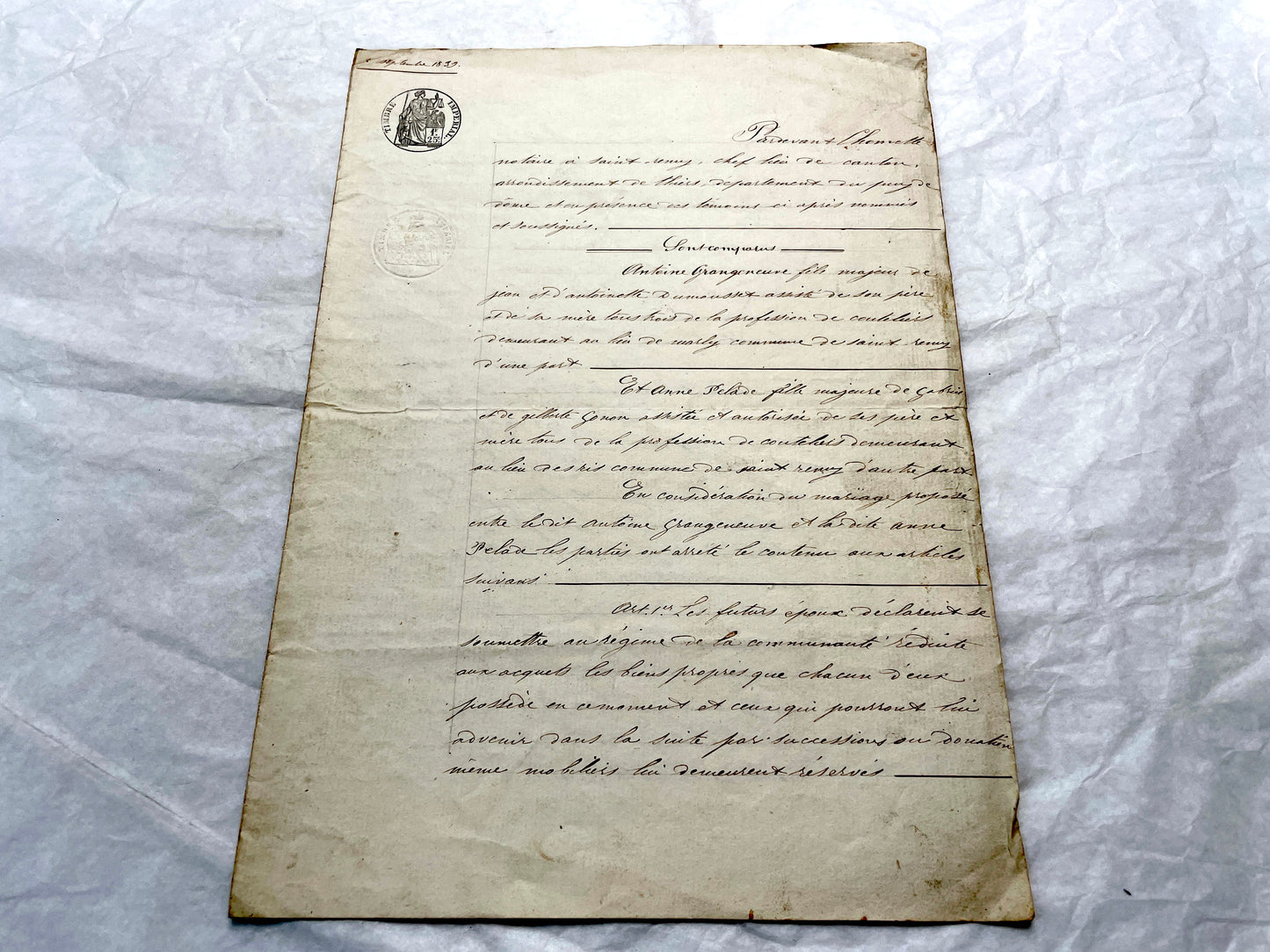 Early 19th Century French notarial act from 1839, featuring handwritten text and an Imperial tax stamp seal.