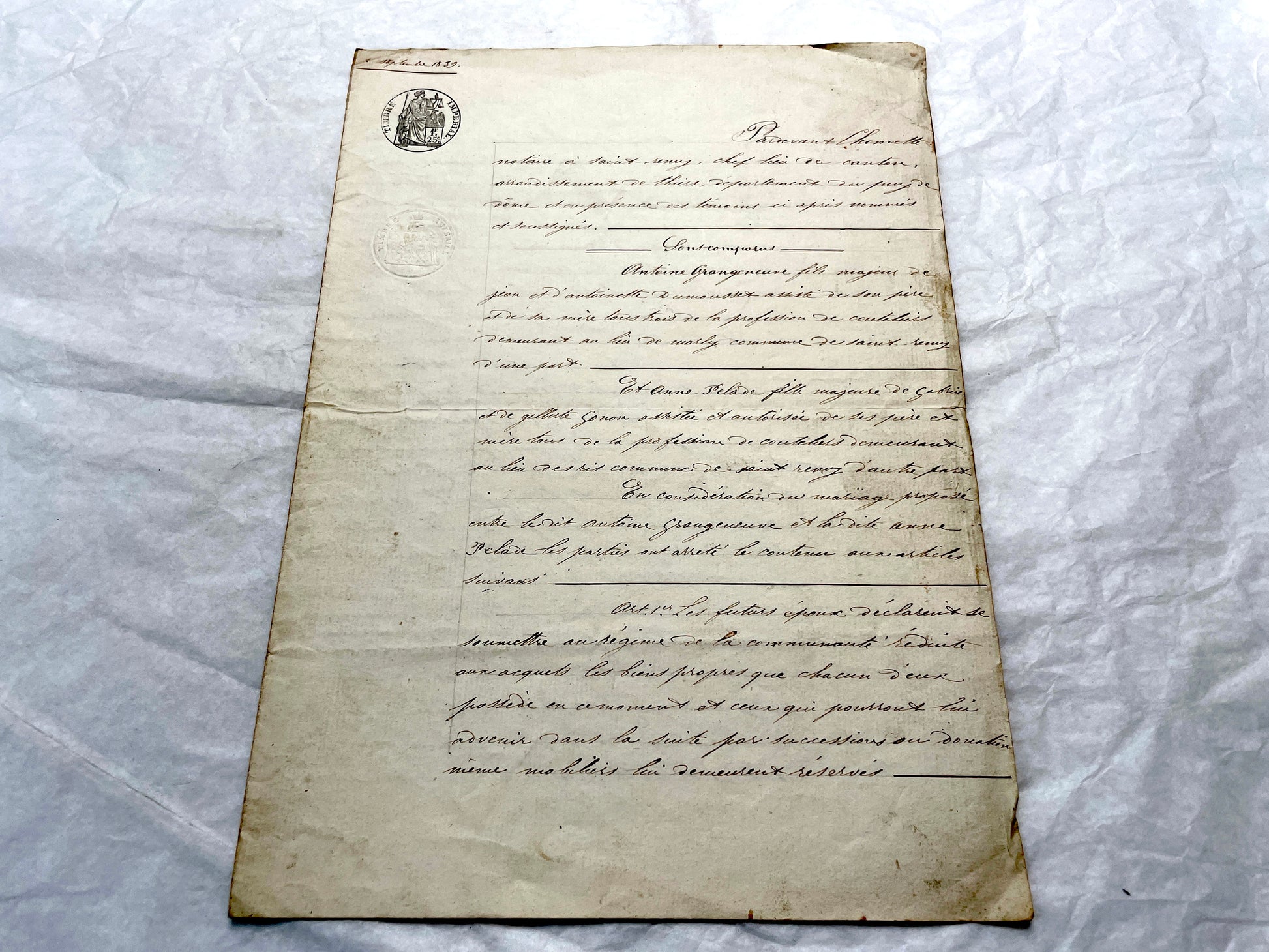 Early 19th Century French notarial act from 1839, featuring handwritten text and an Imperial tax stamp seal.