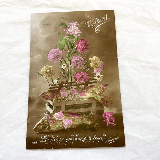 1910s - Antique French Poisson D'Avril Postcard - Humorous Fish & Flowers - Vintage Hand-Colored Spring Greeting Card - Novetta Art Series