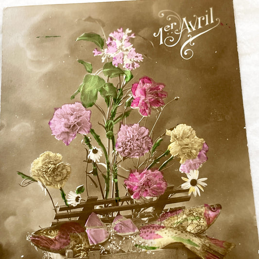 1910s - Antique French Poisson D'Avril Postcard - Humorous Fish & Flowers - Vintage Hand-Colored Spring Greeting Card - Novetta Art Series