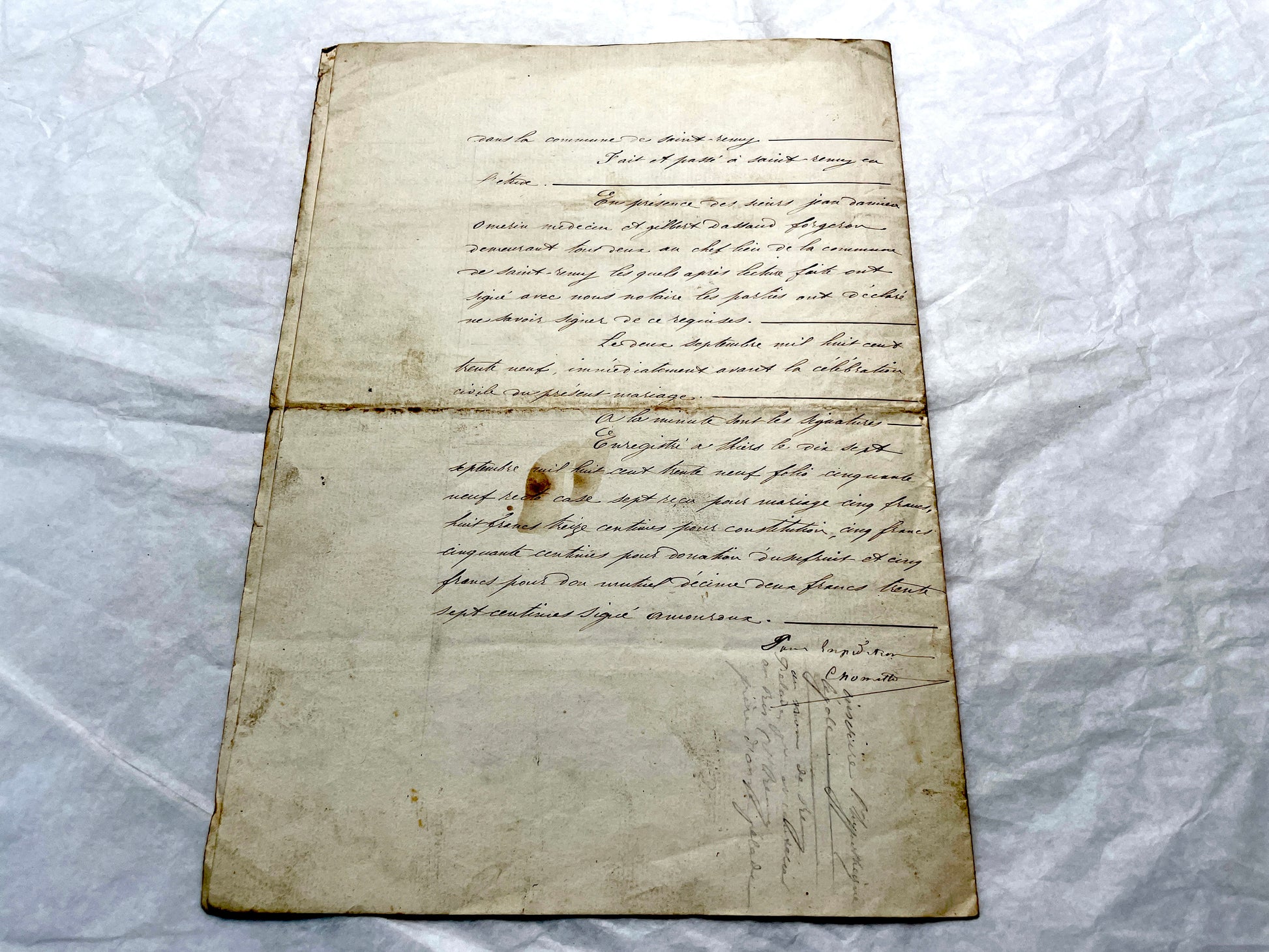 Early 19th Century French notarial act from 1839, featuring handwritten text and an Imperial tax stamp seal.