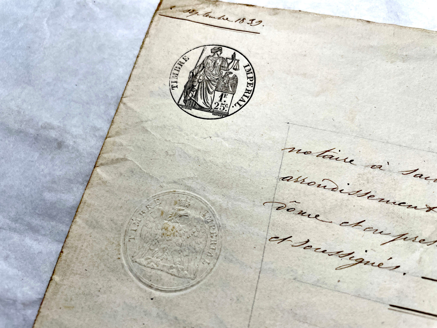 Early 19th Century French notarial act from 1839, featuring handwritten text and an Imperial tax stamp seal.