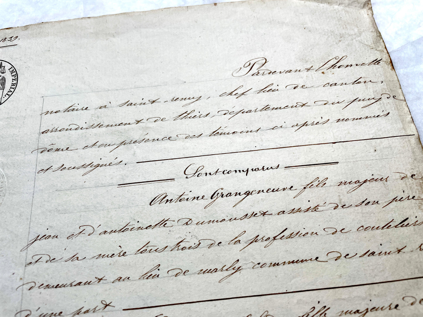 Early 19th Century French notarial act from 1839, featuring handwritten text and an Imperial tax stamp seal.