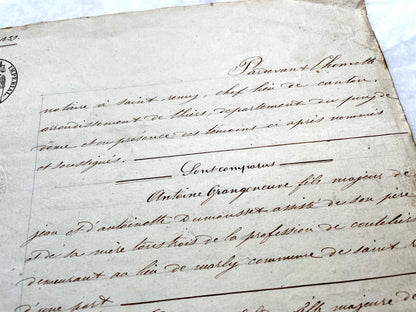 Early 19th Century French notarial act from 1839, featuring handwritten text and an Imperial tax stamp seal.