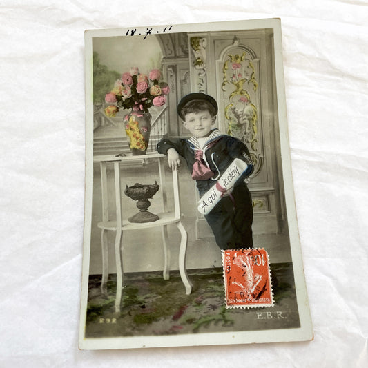 1910s - French Boy Sailor Postcard - Colored Sepia Photo - Antique Child Portrait - Edwardian Era Ephemera - Collectible Art Print