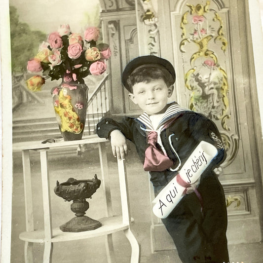 1910s - French Boy Sailor Postcard - Colored Sepia Photo - Antique Child Portrait - Edwardian Era Ephemera - Collectible Art Print
